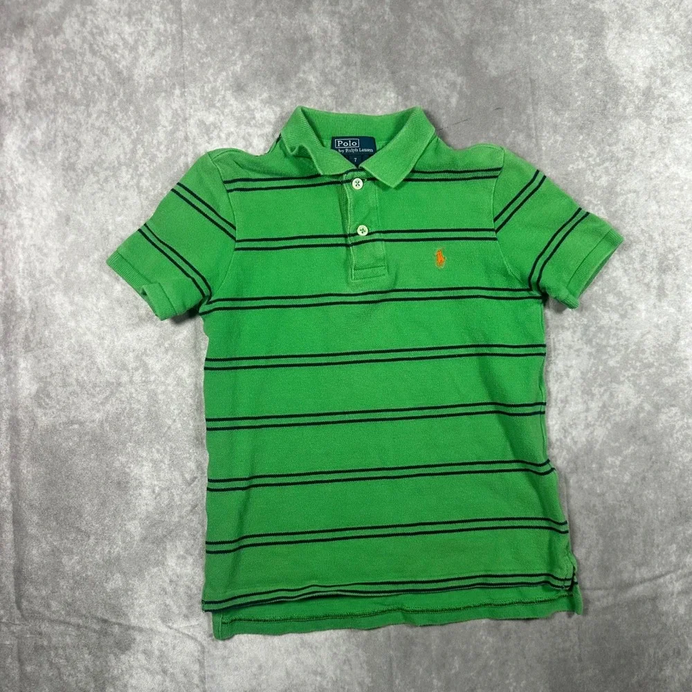 VTG‎ Polo Ralph Lauren Kids Size 7 Green Striped Short Sleeve Polo Orange Pony